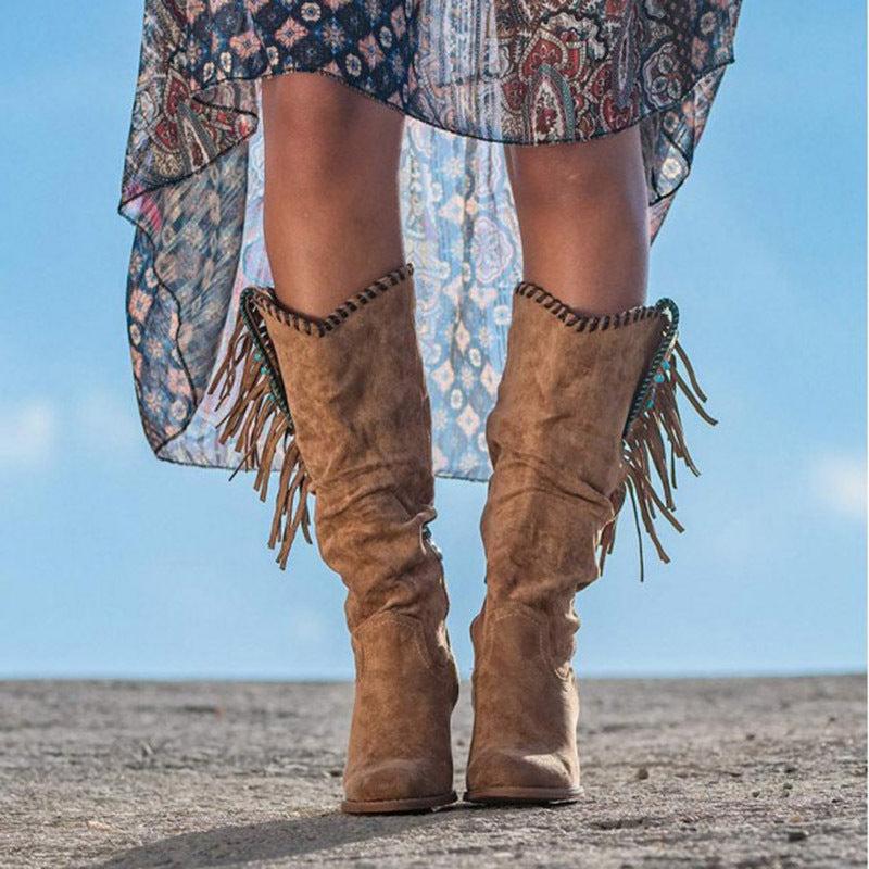 New Women's Plus-Size Western-Style Fringed Boots