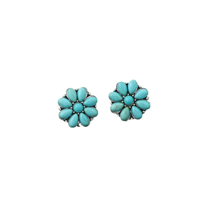Turquoise greenstone flower-shaped earrings