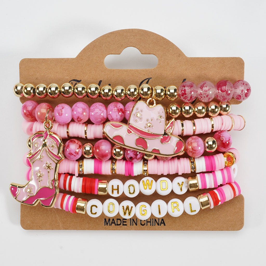 Western Cowboy Bracelet Set Multi-Layered Lettered Soft Clay Beaded Bracelet
