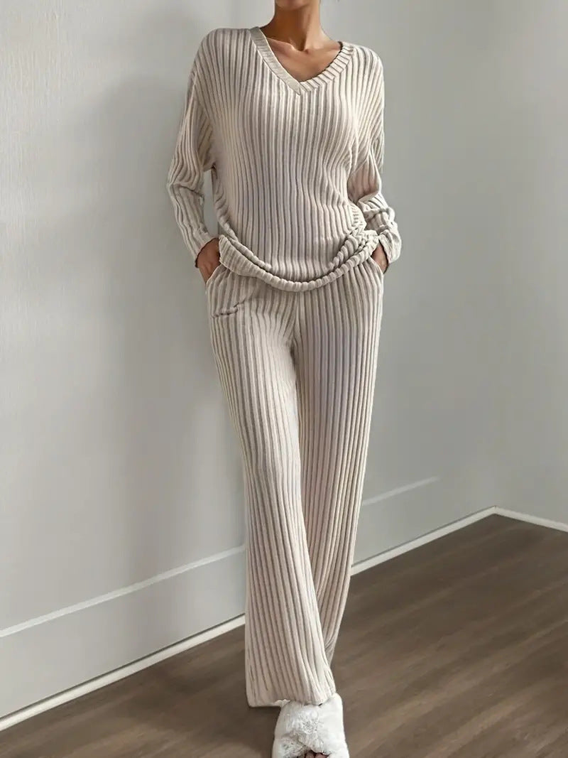 Casual Straight Pants Loose V-neck Two-piece Set