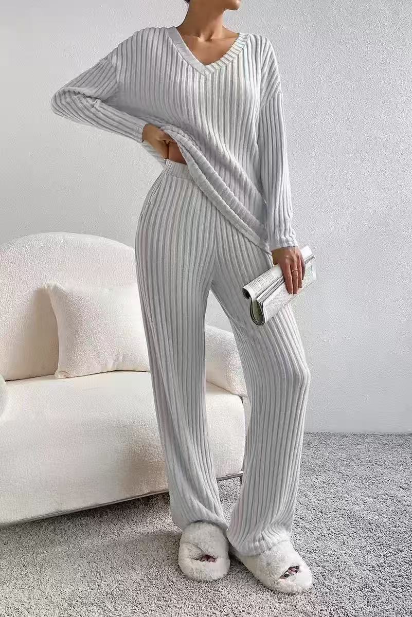 Casual Straight Pants Loose V-neck Two-piece Set