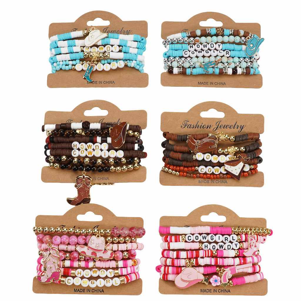 Western Cowboy Bracelet Set Multi-Layered Lettered Soft Clay Beaded Bracelet