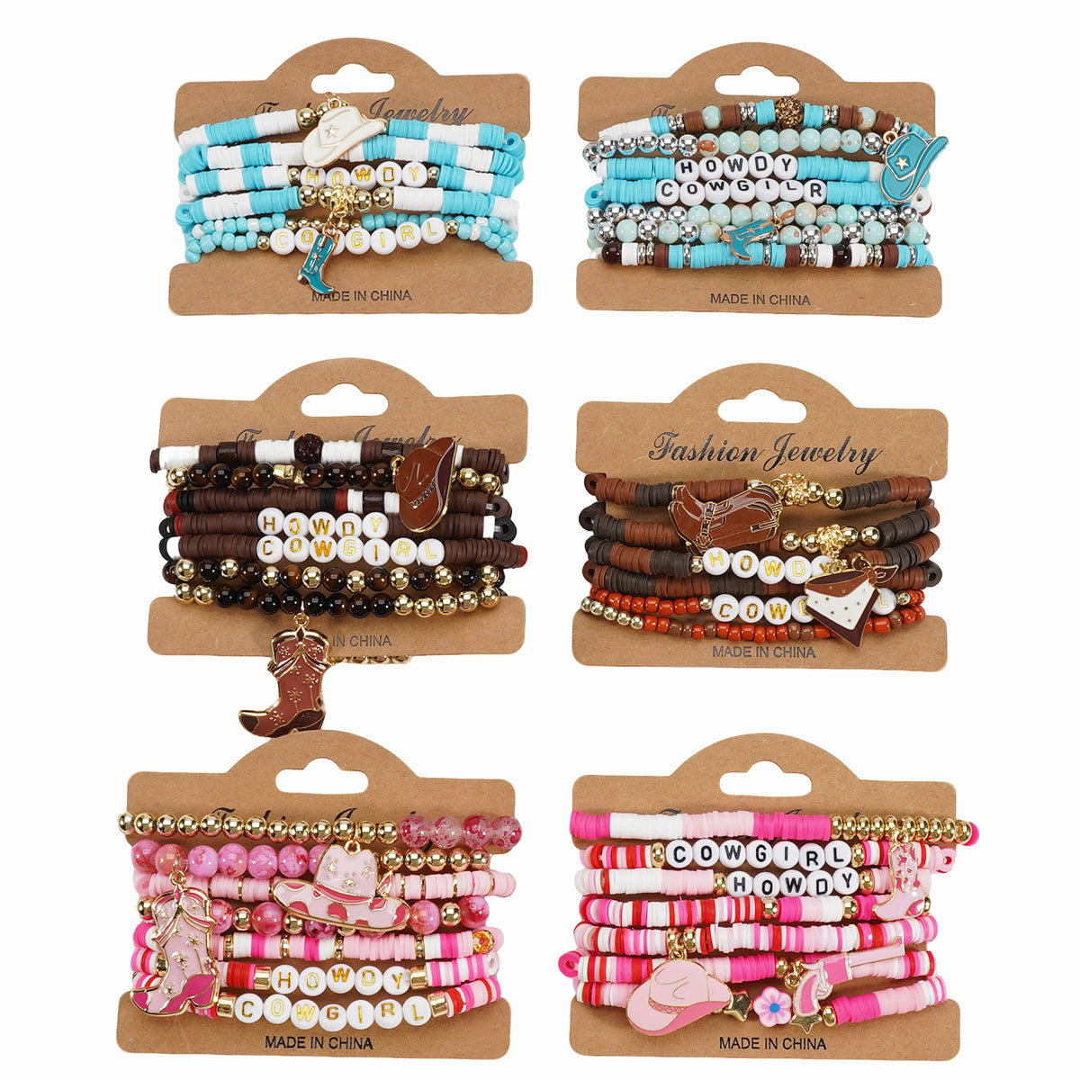Western Cowboy Bracelet Set Multi-Layered Lettered Soft Clay Beaded Bracelet