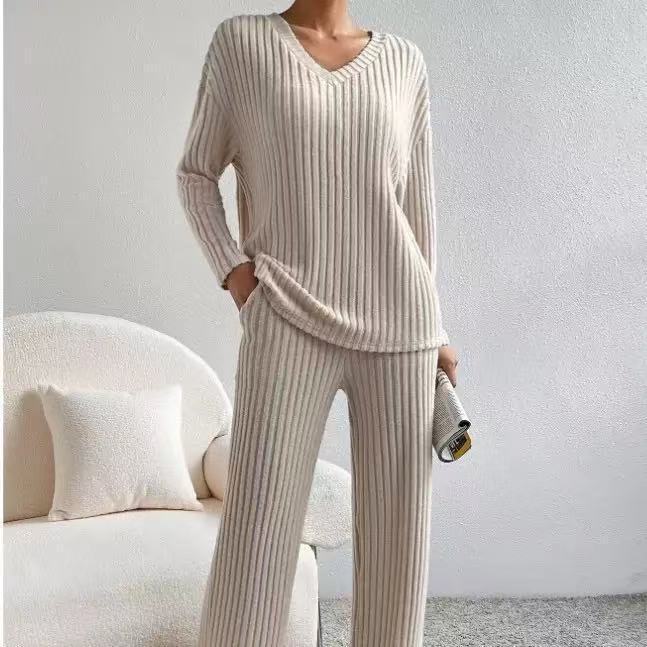 Casual Straight Pants Loose V-neck Two-piece Set