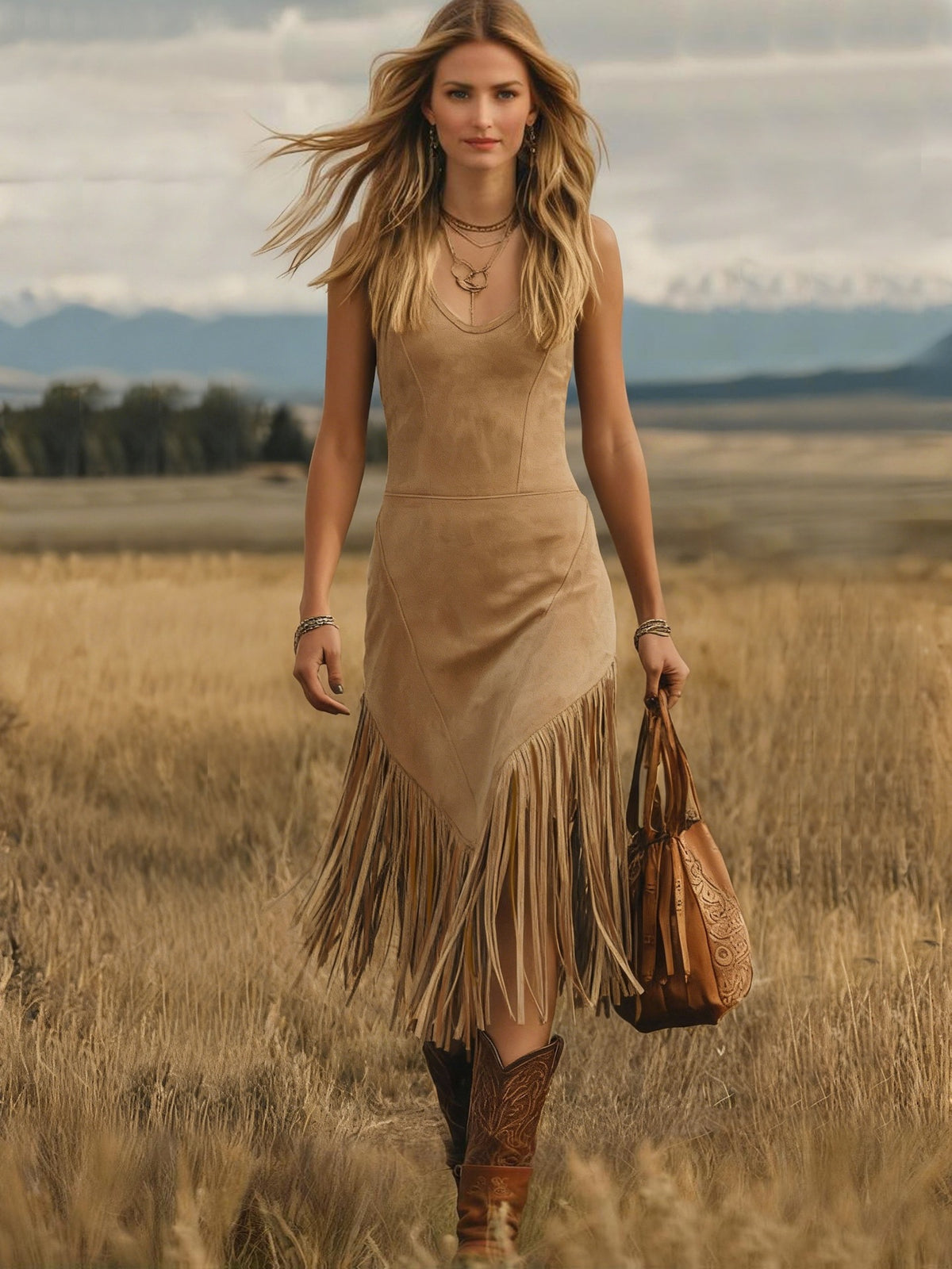 Women's Suede Sleeveless Bodycon Fringe Dress Western Cowboy Style Mid-Length Tank Dress