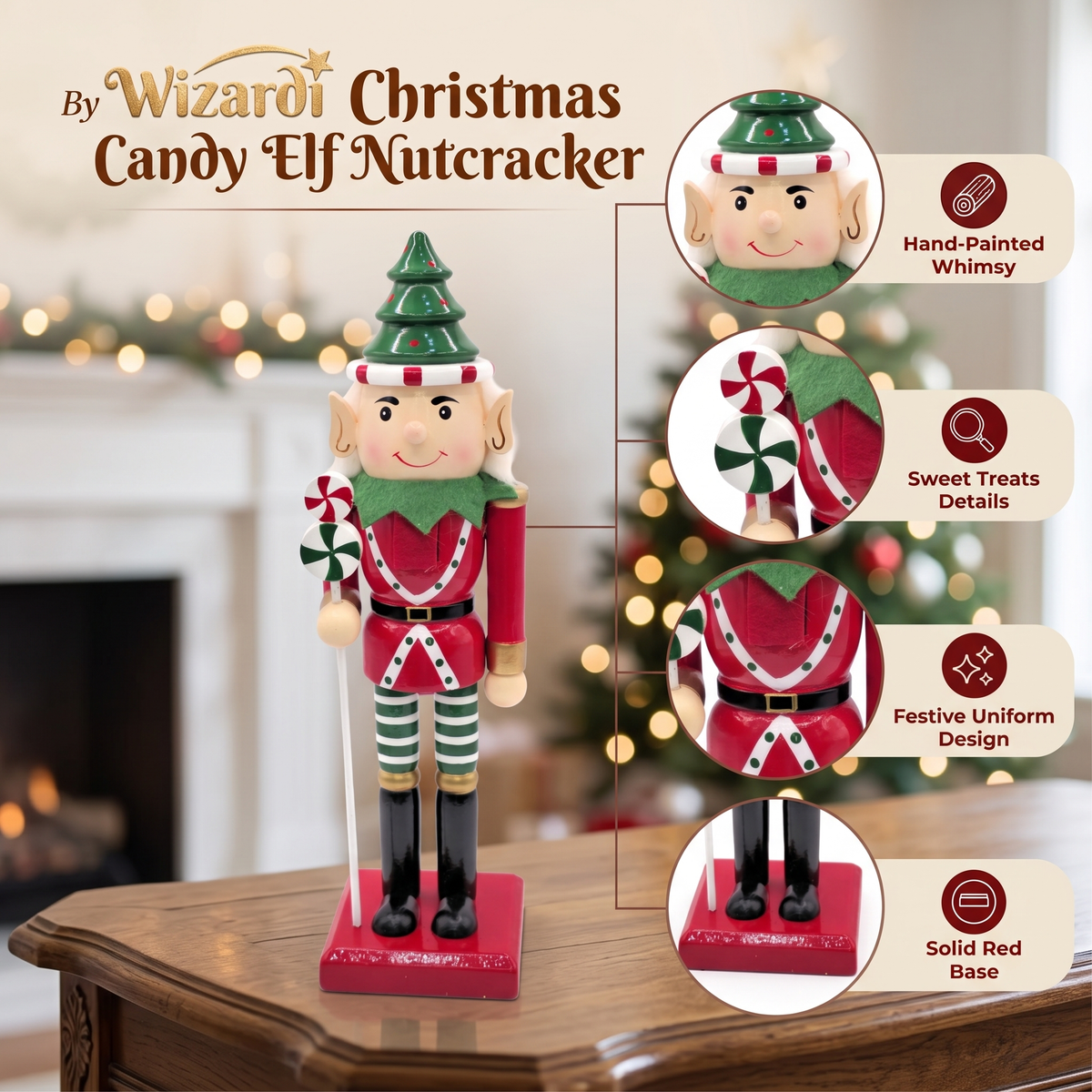 Christmas Tree Hat Elf Wooden Nutcracker