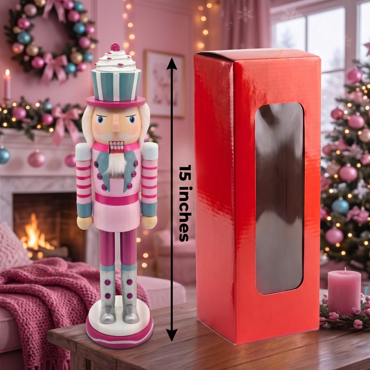 Pink Cupcake Hat Wooden Nutcracker