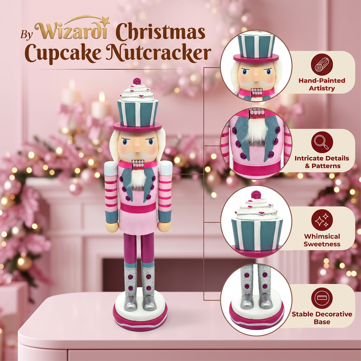 Pink Cupcake Hat Wooden Nutcracker