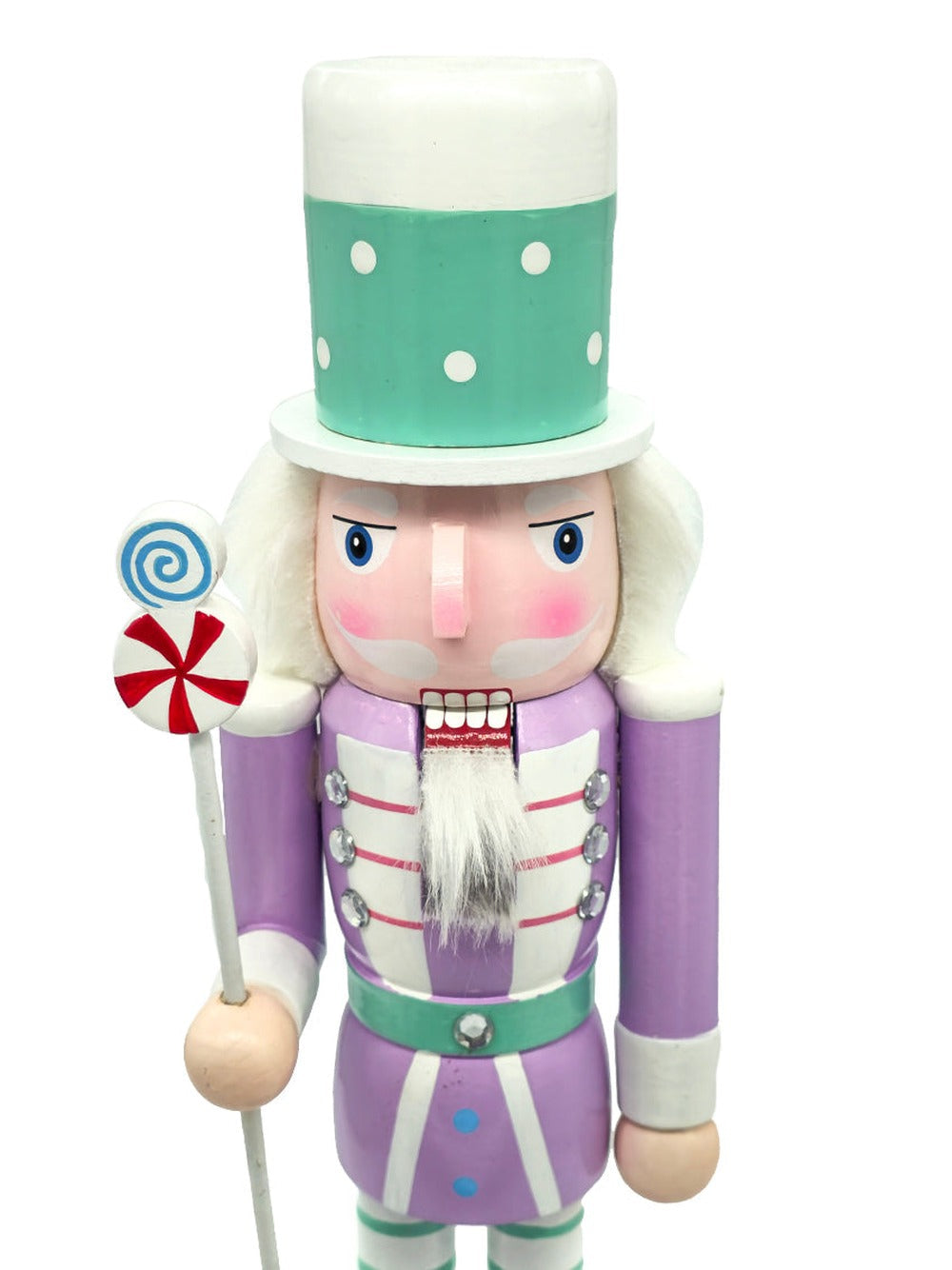 Lavender Wooden Nutcracker on purple stand