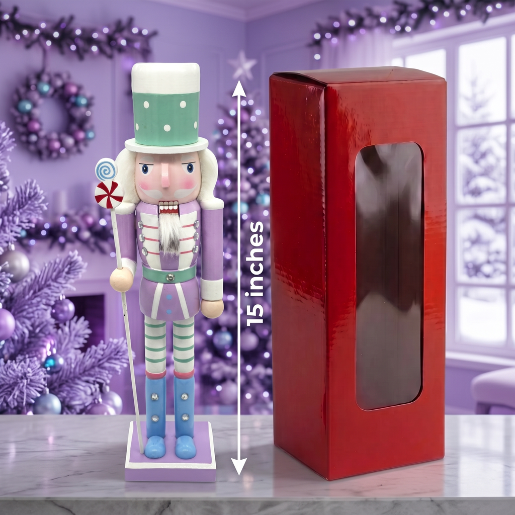 Lavender Wooden Nutcracker on purple stand