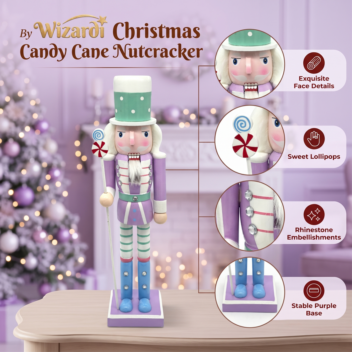 Lavender Wooden Nutcracker on purple stand