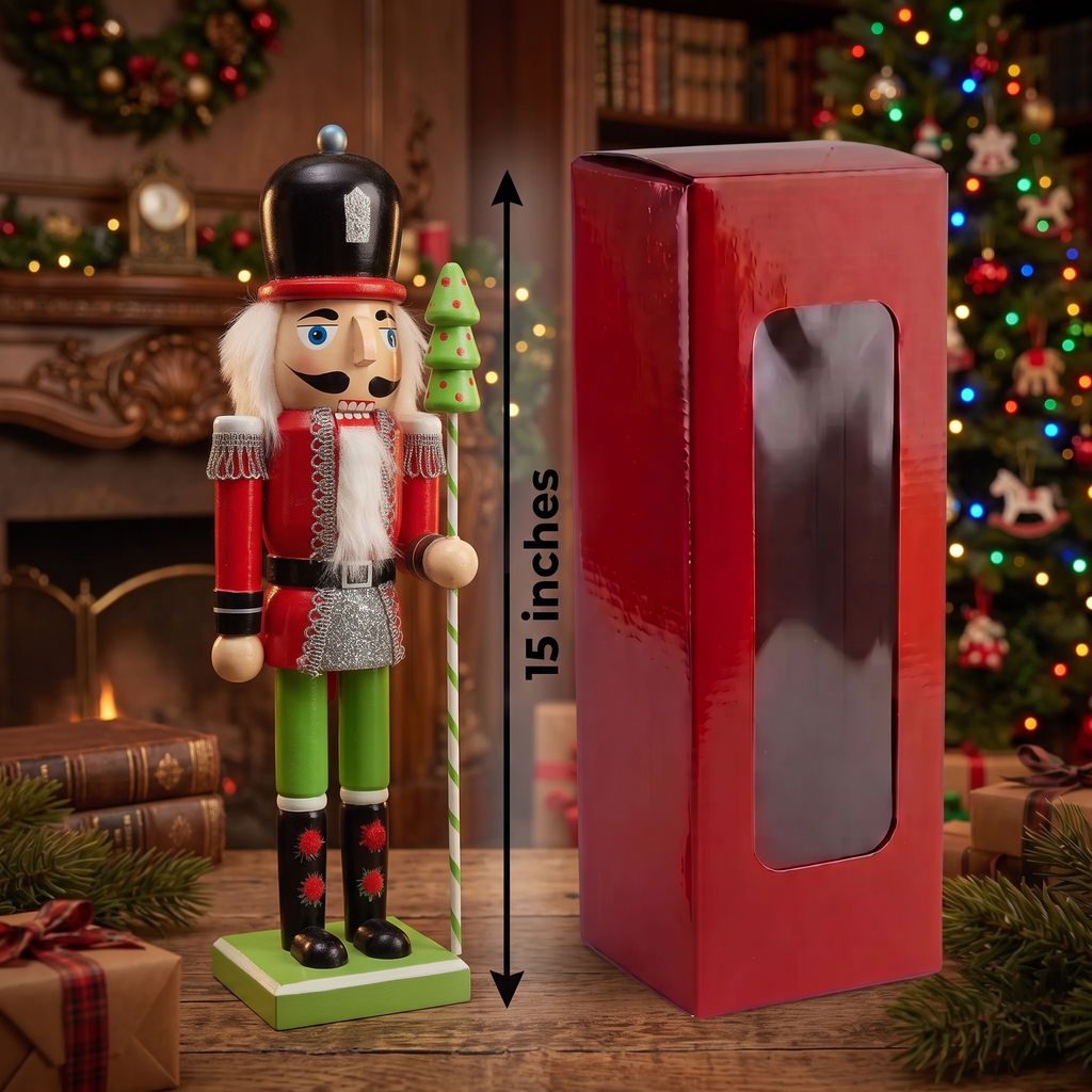 Wooden Nutcracker Soldier with Christmas Tree Cane