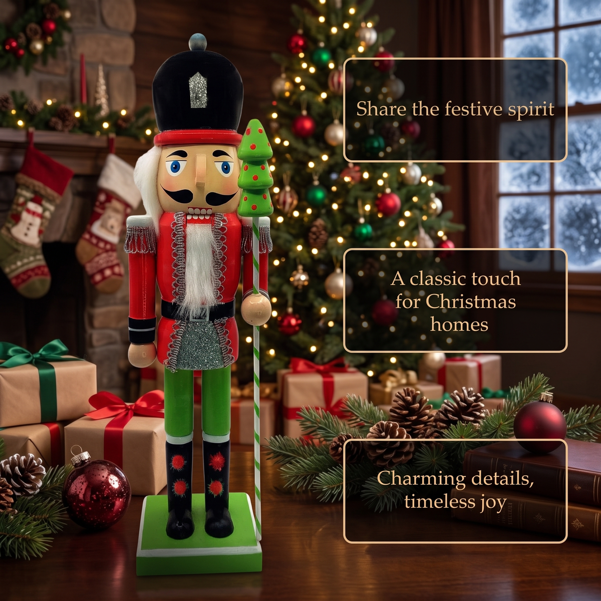 Wooden Nutcracker Soldier with Christmas Tree Cane
