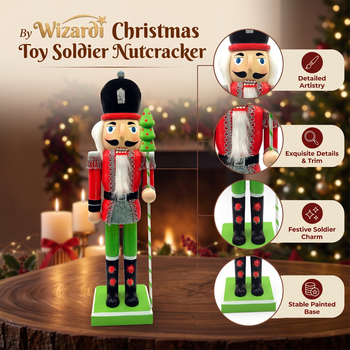 Wooden Nutcracker Soldier with Christmas Tree Cane