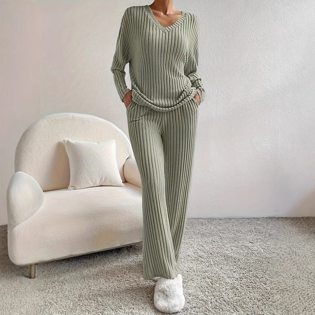Casual Straight Pants Loose V-neck Two-piece Set