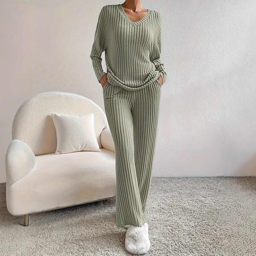 Casual Straight Pants Loose V-neck Two-piece Set