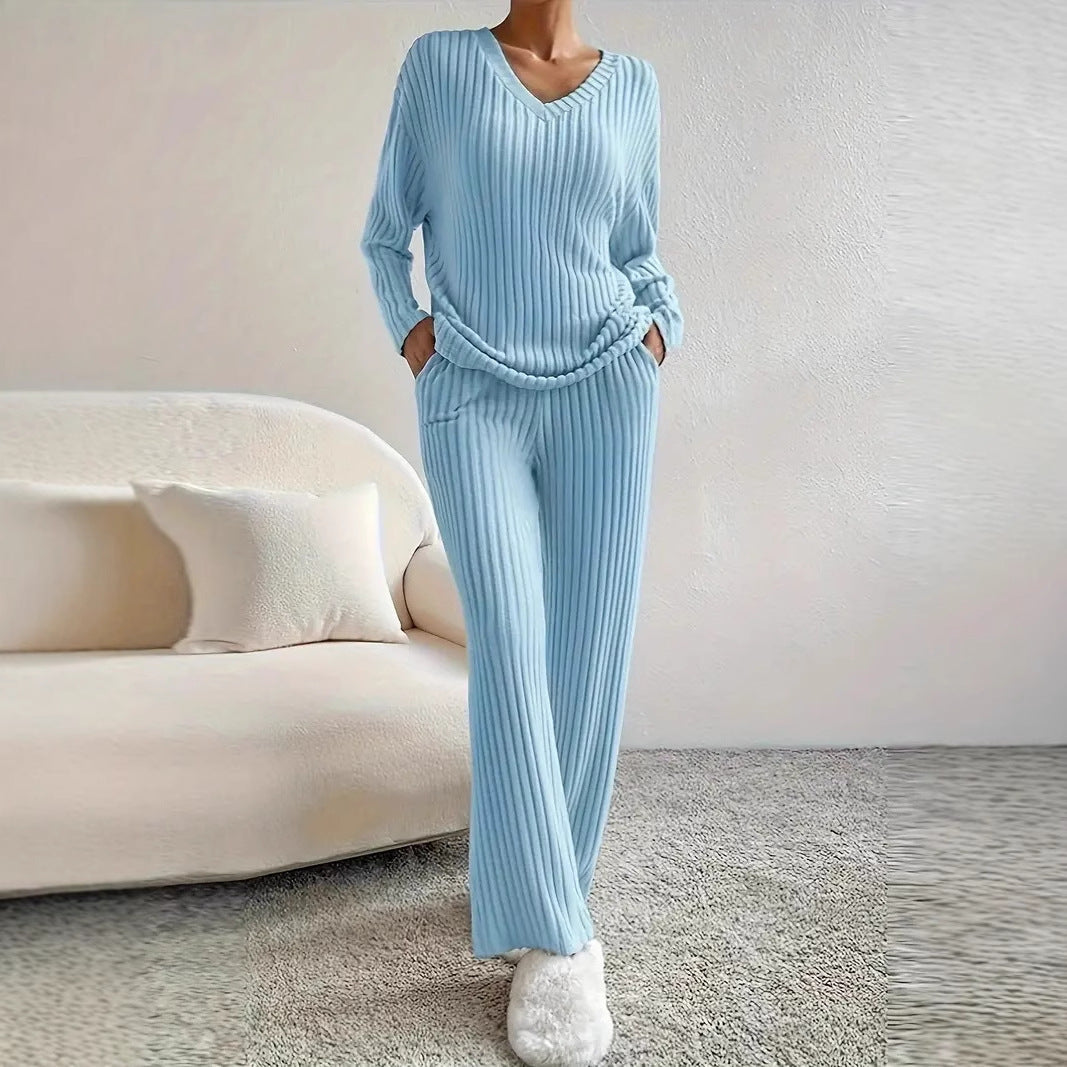Casual Straight Pants Loose V-neck Two-piece Set