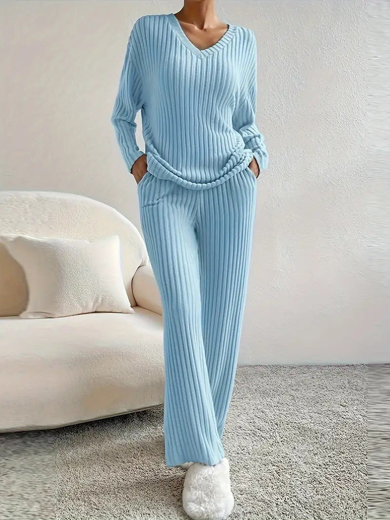 Casual Straight Pants Loose V-neck Two-piece Set