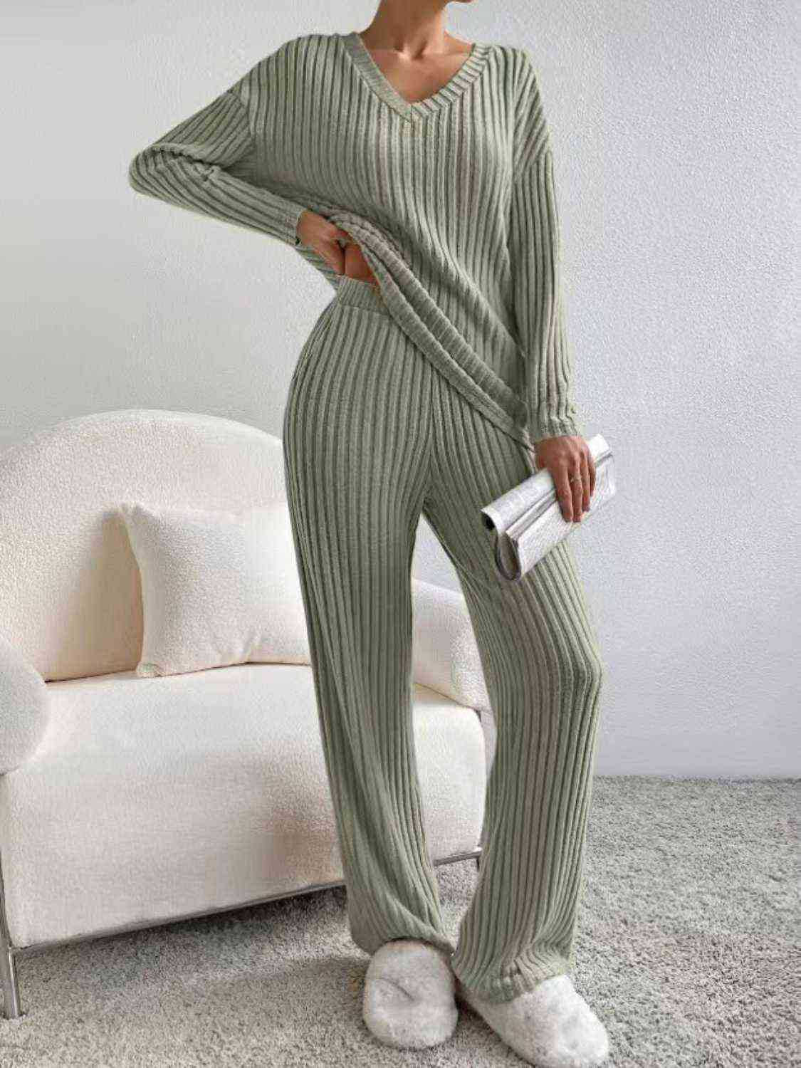 Casual Straight Pants Loose V-neck Two-piece Set