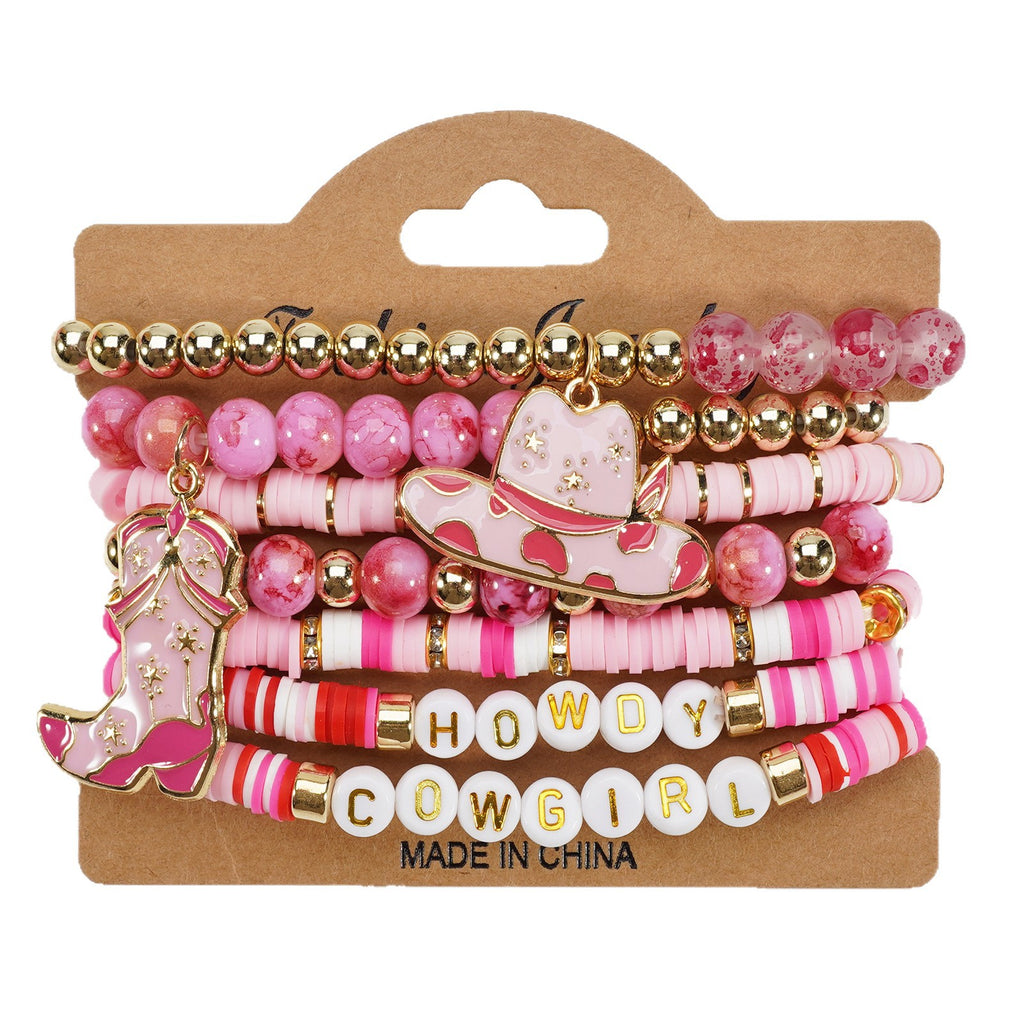 Western Cowboy Bracelet Set Multi-Layered Lettered Soft Clay Beaded Bracelet