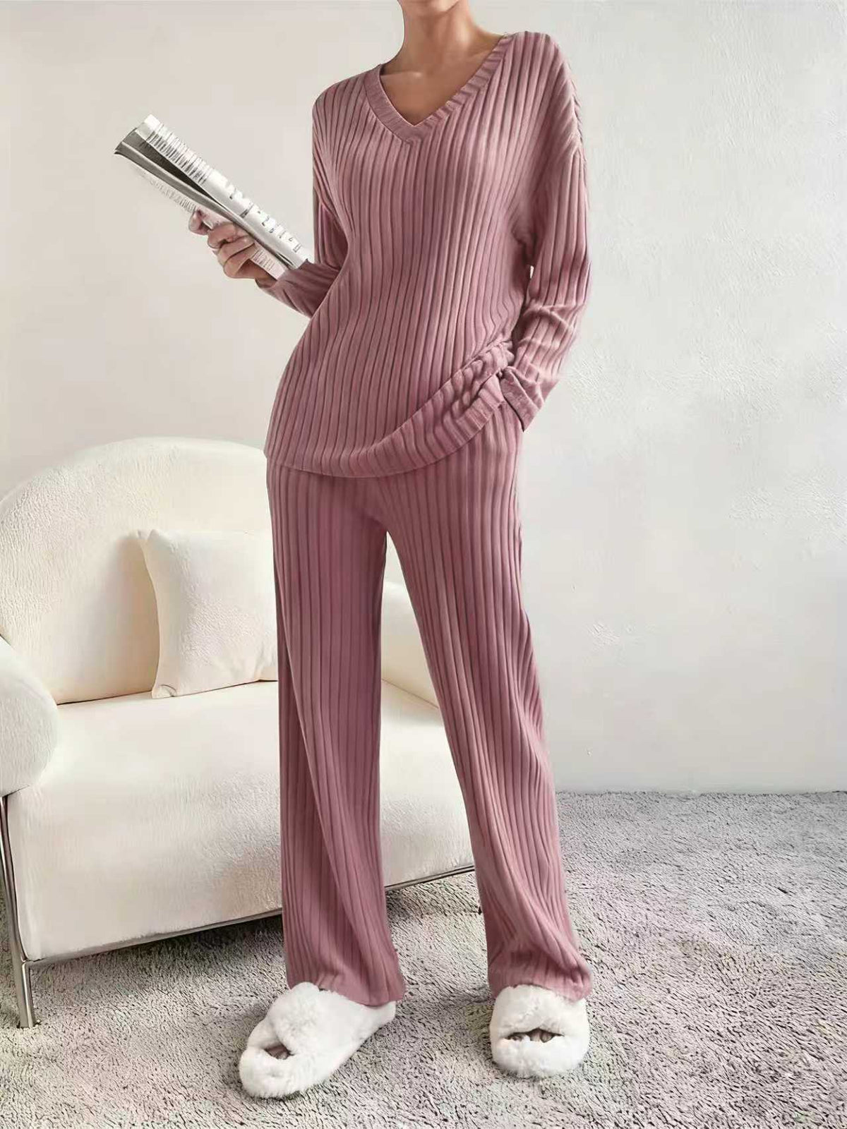 Casual Straight Pants Loose V-neck Two-piece Set